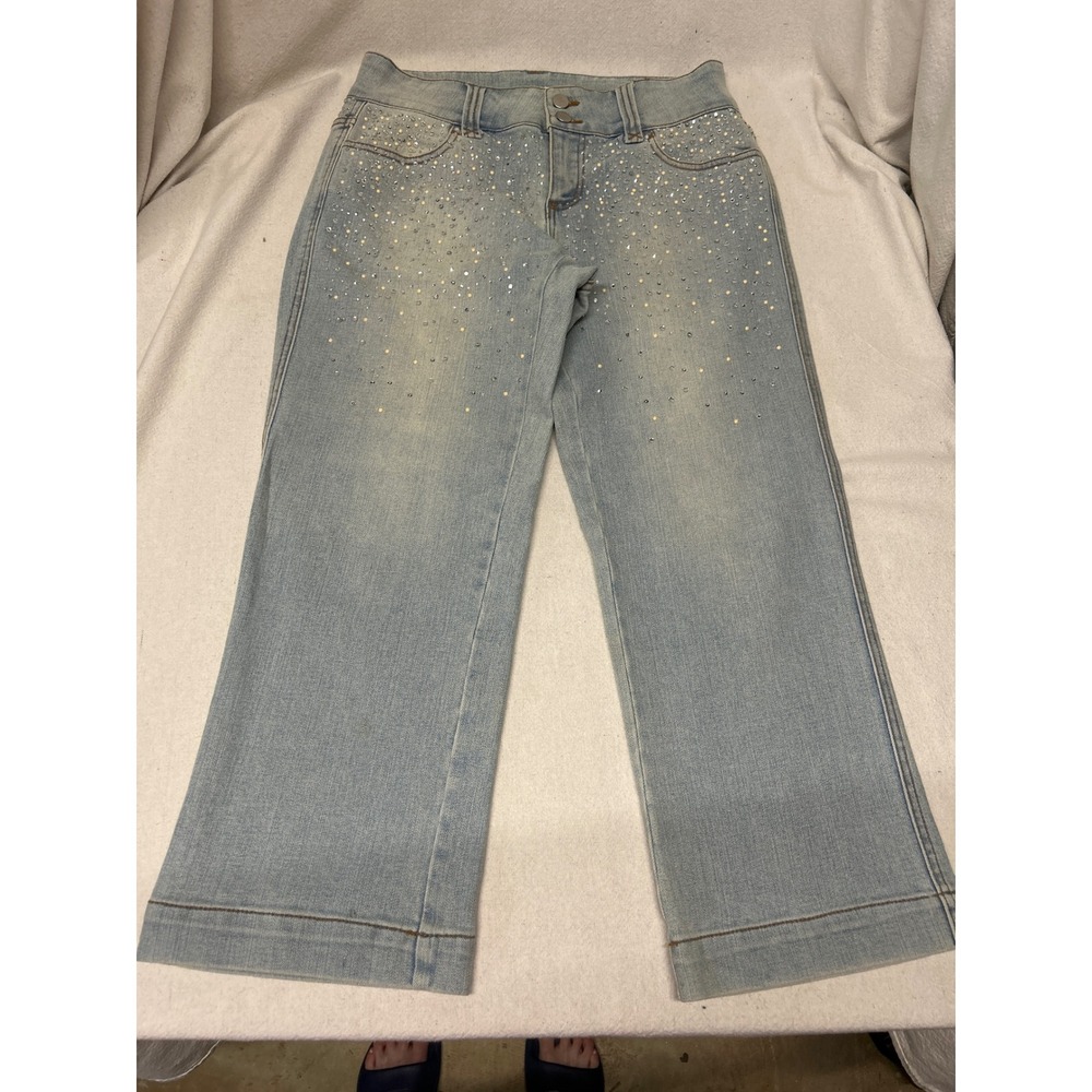 Cache Light Wash Rhinestone Embellished Wide Leg Crop Jeans Size 8